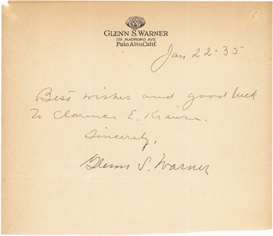 1935 Pop Warner Signed Handwritten Note on Personal Stationery (JSA)